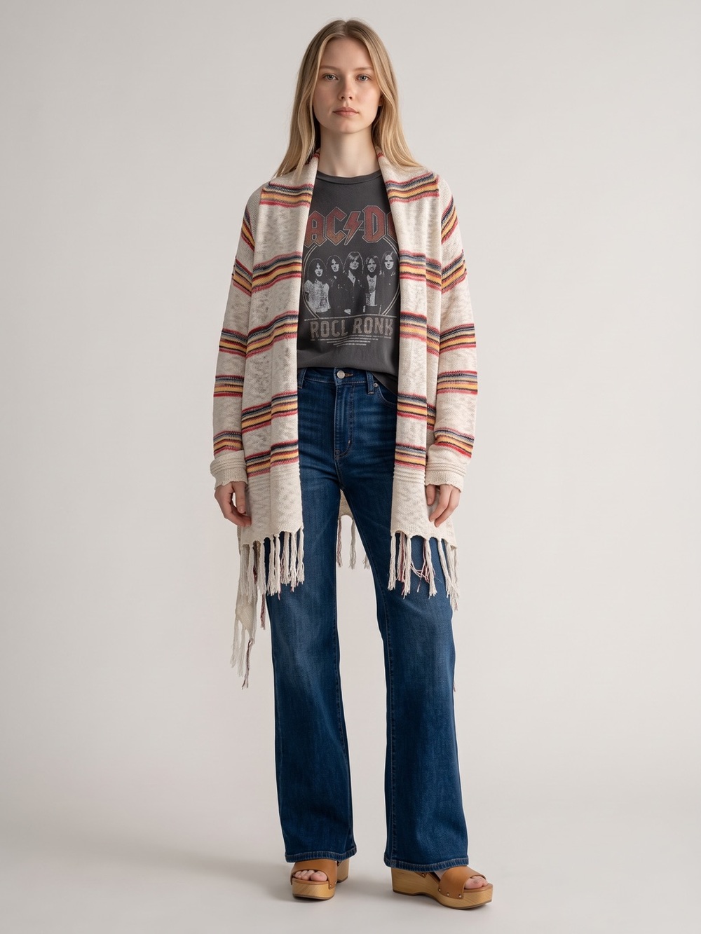 RXB Cream Open-Front Fringe Cardigan with Multicolor Stripes